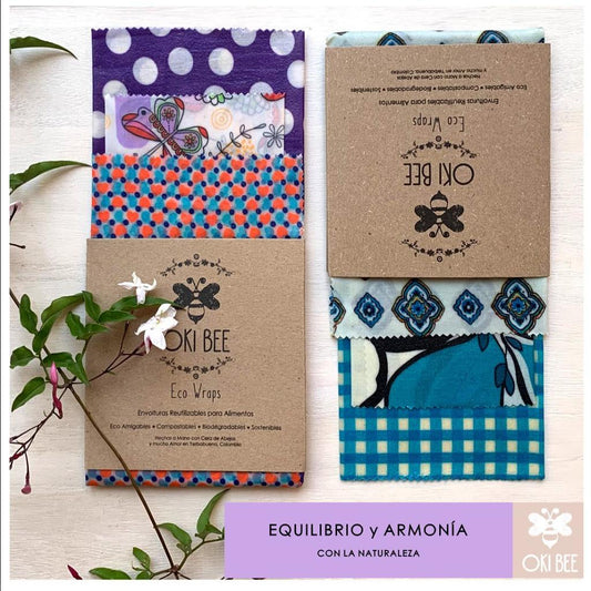 Set 3 Envolturas Reutilizables con Cera de Abejas - OKIBEE